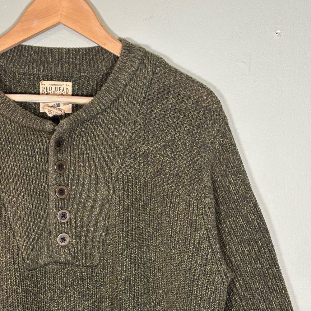 RedHead Henley Rib-Knit Fisherman Sweater-Olive Green-Men XL